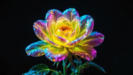 a tiny iridescent yellow flower isolated on a black ba background