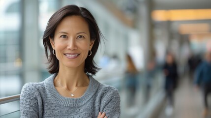 Smiling Woman in Black Top Posing in Modern Indoor Space