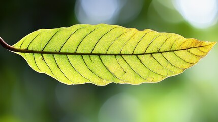 Aufkleber - A vibrant green leaf is highlighted against a softly blurred backdrop of natural greenery, showcasing intricate vein patterns in the afternoon light