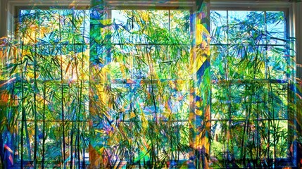 Aufkleber - Bright sunlight filters through bamboo, casting colorful reflections on the window, creating an abstract display of light and nature