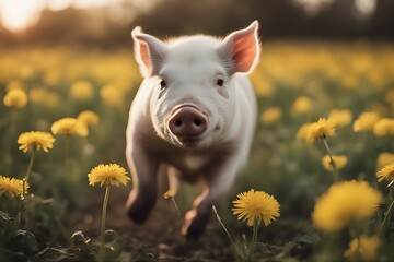 Wall Mural - mini pig dandelions walking field baby miniature flower blowball walk adorable animal summer spring black breed cute domestic farm friends friendly fun funny grass happy lawn little mammal meadow