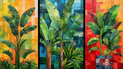 Leinwandbilder - This artwork features three panels of tropical plants in vivid colors, highlighting their lush green foliage against vibrant backgrounds