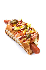 Wall Mural - Hot dog with sausages and mustard on a white background.