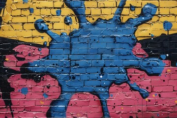 A bright blue paint splash decorates a graffiti-covered brick wall featuring vibrant yellow and pink colors