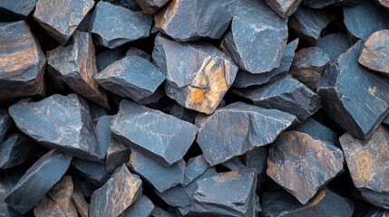 Aufkleber - Dark blue granite rocks are piled together at a quarry, showcasing a range of textures and hues under bright sunlight