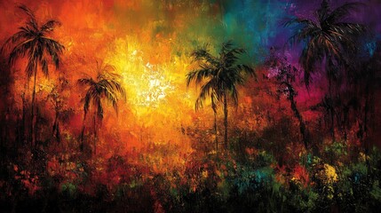 Poster - A burst of colors fills the sky as the sun sets behind silhouetted palm trees, creating a stunning tropical atmosphere