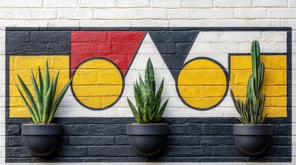 Poster - A vibrant mural features geometric shapes in red, yellow, and black, complemented by three potted cacti on a textured brick wall