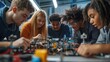 © keetazalay - A dynamic and engaging scene of a group of students collaborating on a robotics project in a modern lab. The students, representing a diverse mix of backgrounds, are gathered around a table filled