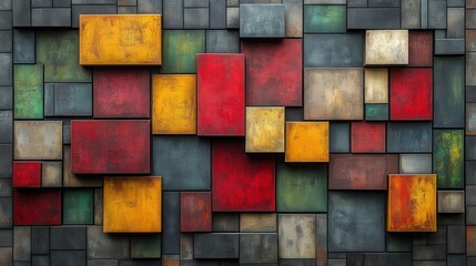 Aufkleber - Colorful geometric shapes create an abstract display on a textured wall in a contemporary gallery setting