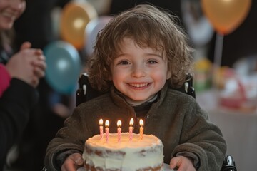 Cheerful boy with curly hair smiles at his birthday party, in front of a cake with lit candles, surrounded by party decorations and celebrating friends and family.