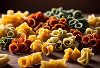 artistic display unique pasta shapes elegantly arranged textured fabric culinary inspiration visual delight, arrangement, design, colors, gourmet