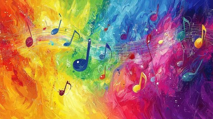 Aufkleber - An abstract artwork filled with colorful musical notes dancing across a bright, rainbow-hued background, creating an energetic and joyful atmosphere