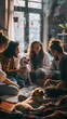 © COK House - Four individuals, two in black tops, two in white, happily interact on the floor with two dogs in a warm, inclusive atmosphere. Sun-lit room with smoke, but focus remains on friends and pets.
