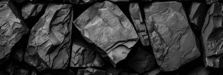 Aufkleber - Large, rugged black rocks create a textured wall, illuminated by the warm glow of the setting sun in a secluded environment