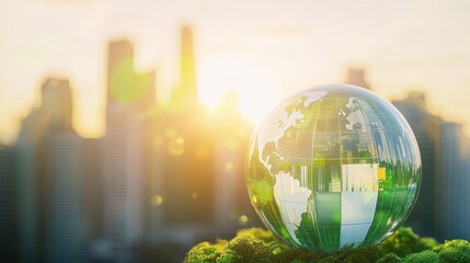 Wall Mural - green world with glass globe and buildings in city, green energy concept for eco friendly environmen