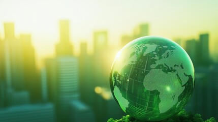 Wall Mural - Green world with glass globe and buildings in city, green energy concept for eco friendly environment design background