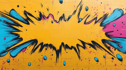 Fototapete - A colorful explosion mural bursts across a yellow wall, showcasing dynamic blue and pink elements that create an engaging visual impact