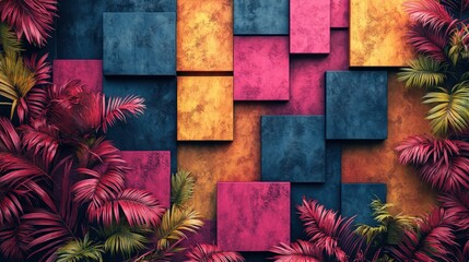 Fototapete - Colorful geometric shapes are arranged on a textured backdrop, surrounded by lush tropical plants in vivid shades of pink, blue, and green