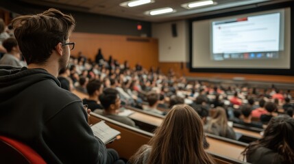 a university lecture hall filled with students attentively listening to the professor, who is using 