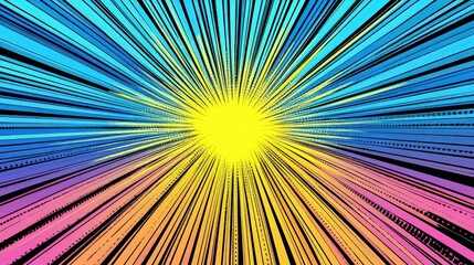 Poster - Bright rays of yellow and blue radiate from a central sunburst, creating an energetic and vibrant visual effect