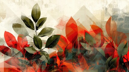 Leinwandbilder - Colorful leaves in shades of red and green blend with geometric shapes, creating a striking abstract composition that evokes natural beauty and artistic inspiration