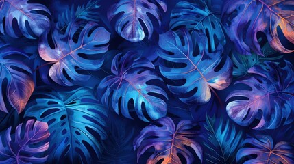 Leinwandbilder - Colorful monstera leaves in shades of blue and purple are arranged artistically against a deep dark background, creating a striking visual effect