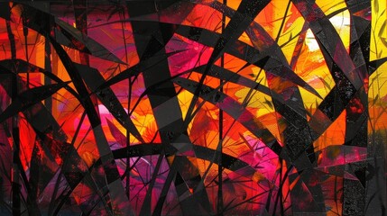 Poster - Colors collide in an abstract display, where dark shapes contrast against a warm, glowing background of reds and yellows