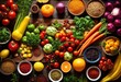 © Yaraslava - vibrant eye view colorful fresh ingredients including spices arranged artfully wooden table, arrangement, artistry, assortment, bowl, bright, composition