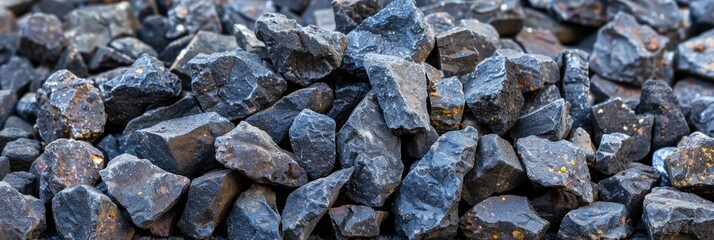 Aufkleber - A collection of dark stones rests in a quarry under clear skies, showcasing their rough texture and uneven surfaces
