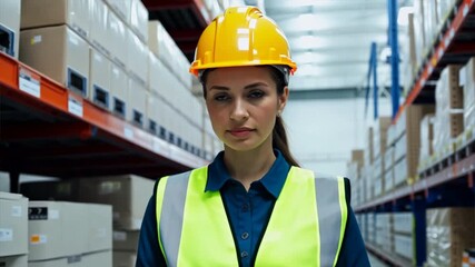 Sticker - A female engineer or supervisor is walking in a warehouse.