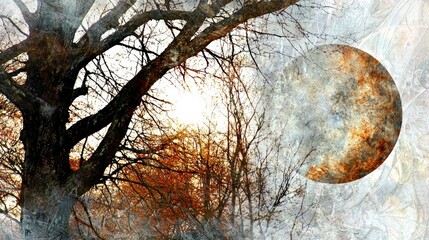 Canvas Print - The warm glow of a setting sun illuminates bare trees, while a large celestial body cast a surreal light on the autumn landscape