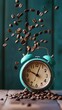 © Maria Mikhaylichenko - Time for coffee: Vintage turquoise alarm clock surrounded by cascading coffee beans against a teal background, symbolizing morning rush and caffeine boost.