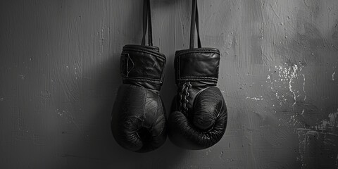 Wall Mural - Black leather boxing gloves hanging on a textured wall.