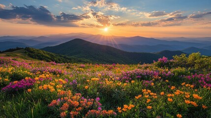 Canvas Print - A colorful meadow filled with wildflowers glows under the warm hues of a sunset, offering a stunning view of distant mountain ranges