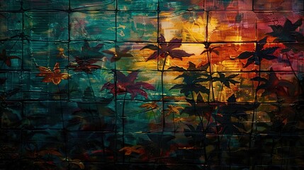 Aufkleber - Vibrant autumn leaves cast shadows on a textured background as dusk settles, creating a rich tapestry of colors in a tranquil setting