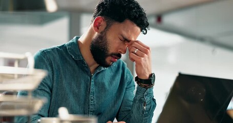 Aufkleber - Businessman, headache and stress with laptop in strain, depression or mistake at office. Frustrated, tired male person or employee with migraine on computer in pressure, anxiety or pain at workplace