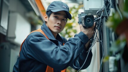 Technician Installing Wireless CCTV Camera for Home Security