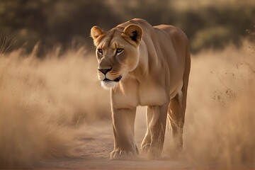 Wall Mural - lioness stalking lion female portrait stalk closeup close up fierce eye power wild leo cat1 field africa african grass stare felino nature animal mammal walk hunting panthera powerful kalahari desert