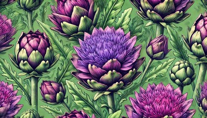 Aufkleber - A lush arrangement of purple artichokes with green leaves showcases nature's beauty in a vibrant garden setting