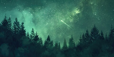 Wall Mural - A meteor shower lights up the night with the Big Dipper and a vibrant green shooting star above a silhouette of dense evergreen trees