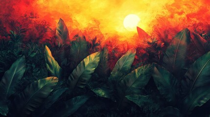 Poster - A stunning sunset casts golden hues over thick greenery in a tropical jungle, creating a vibrant atmosphere rich in natural beauty