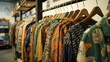 © Maria Mikhaylichenko - Colorful array of vintage and retro clothing hanging on wooden hangers in a trendy secondhand store, showcasing unique patterns and styles from past eras.