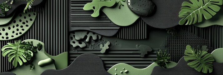 Aufkleber - A variety of green textures and shapes create a nature-inspired design, featuring leaves and patterns, ideal for contemporary interior aesthetics