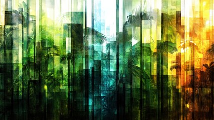 Aufkleber - Colorful vertical patterns mimic a jungle landscape, blending shades of green, blue, and yellow to create a striking visual experience