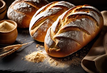 artisan handcrafted bread loaves beautifully arranged textured slate board showcasing their unique shapes crusty exteriors, loaf, rustic, baking, gourmet