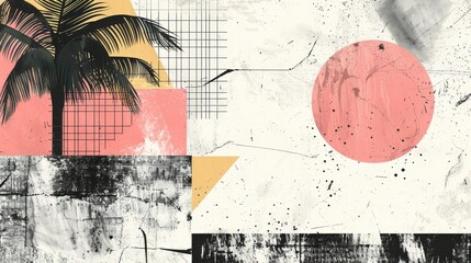 Fototapete - A vibrant abstract artwork with a palm tree, geometric shapes, and warm colors creates a lively tropical ambiance