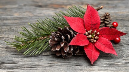 Poster - A vibrant red poinsettia, pinecones, and evergreen branches create a festive arrangement on a rustic wooden table