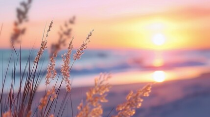 Canvas Print - Sunset Over Ocean Shore With Silhouetted Grasses Near Waterline