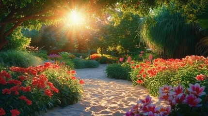 Canvas Print - A tranquil garden pathway filled with colorful flowers and illuminated by gentle sunlight, inviting peaceful strolls among nature