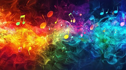 Aufkleber - A dynamic display of music notes swirling in a rainbow of colors, creating an energetic and engaging atmosphere filled with creativity